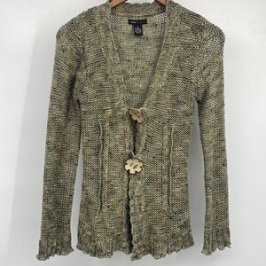 BCBGMaxAzria Green Cardigan with Wood Flower Buttons and Ruffle Cuffs Small